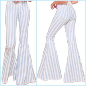 Baby Blue Striped Bell Bottom Jeans- sku: 9161